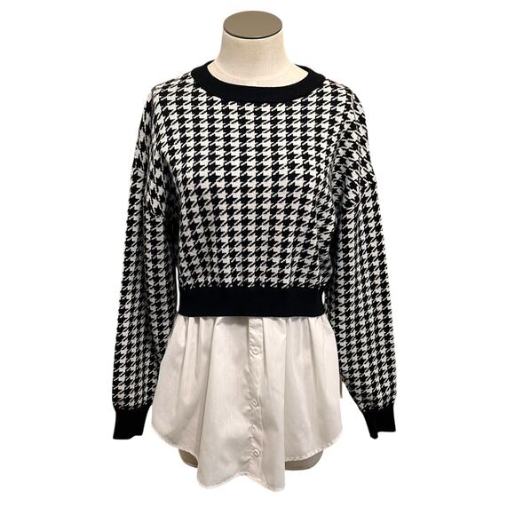 Joie Sweaters - Joie Womens Houndstooth Black & White Knit Layered Twofer Sweater Blouse Sz M